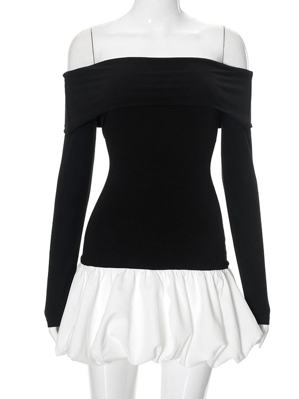 Mini-robes taille haute, manches longues, couleur contrastée, plissées, fendues, épaules dénudées 