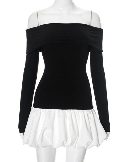 Mini-robes taille haute, manches longues, couleur contrastée, plissées, fendues, épaules dénudées 