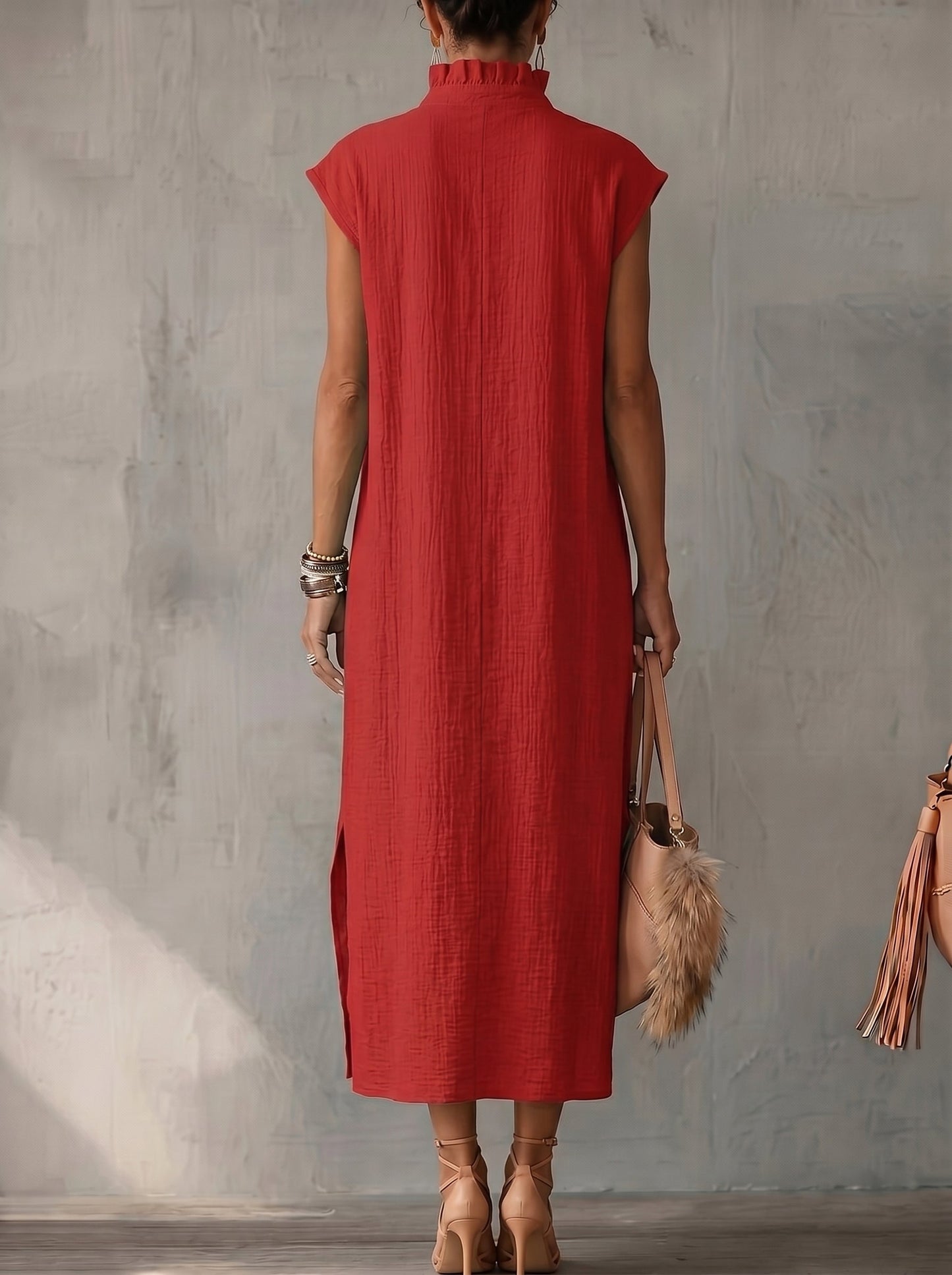 Loose Sleeveless Pockets Ruffle Trim Solid Color Split-Side Stand Collar Midi Dresses