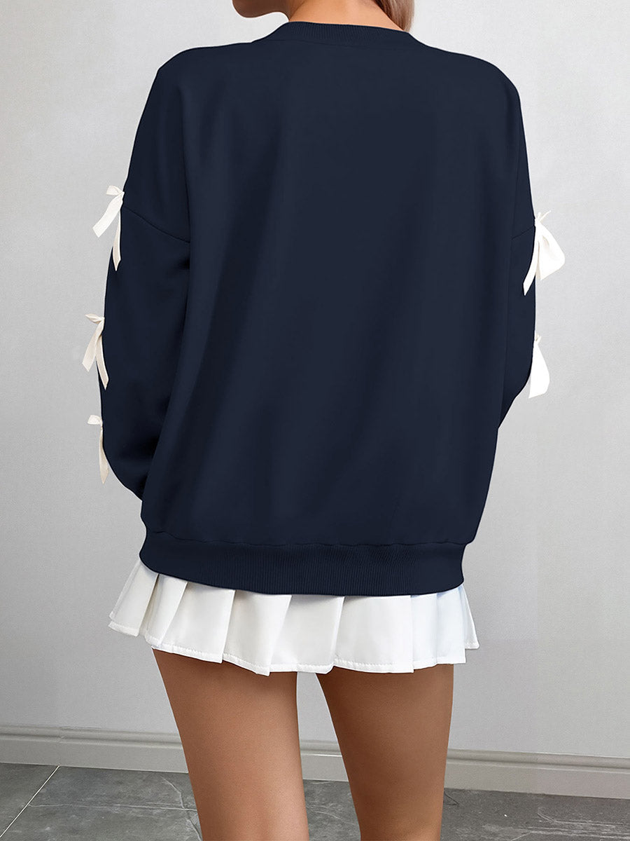 Split-Joint Contrast Color Bow-Embellished Loose Long Sleeves Round-Neck Sweatshirt Tops