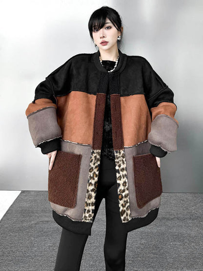 Long Sleeves Loose Buttoned Contrast Color Reversible Split-Joint Round-Neck Cardigan Tops Outerwear