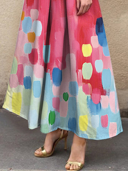 A-Line Loose Pleated Printed Split-Joint Lapel Maxi Dresses Shirt Dress