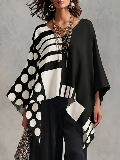 Batwing Sleeves Long Sleeves Contrast Color Polka-Dot Printed Round-Neck T-Shirts Tops