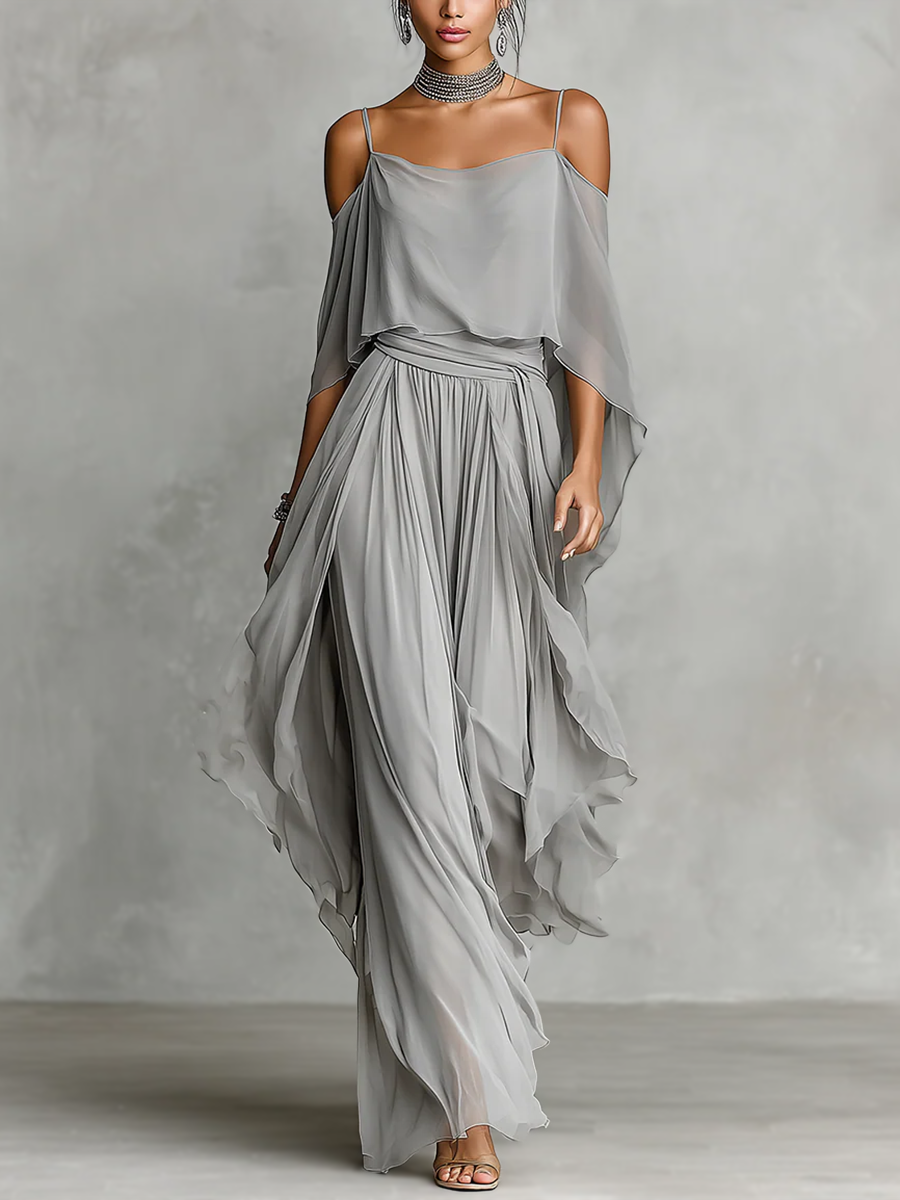 High Waisted Irregularity Layered Pleated Ruffle Trim Solid Color Pants Trousers