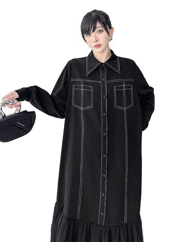 Irregularity Long Sleeves Asymmetric Buttoned Line Solid Color Split-Joint Lapel Midi Dresses Shirt Dress