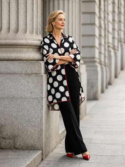 Split-front Split-Joint Polka Dot Contrast Color Three-quarter Sleeves Loose V-neck Blouses&shirts Tops