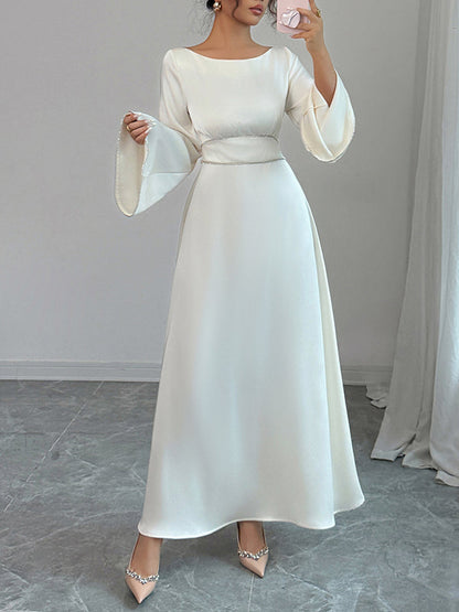 A-Line Flared Sleeves Solid Color Tied Zipper Round-Neck Maxi Dresses