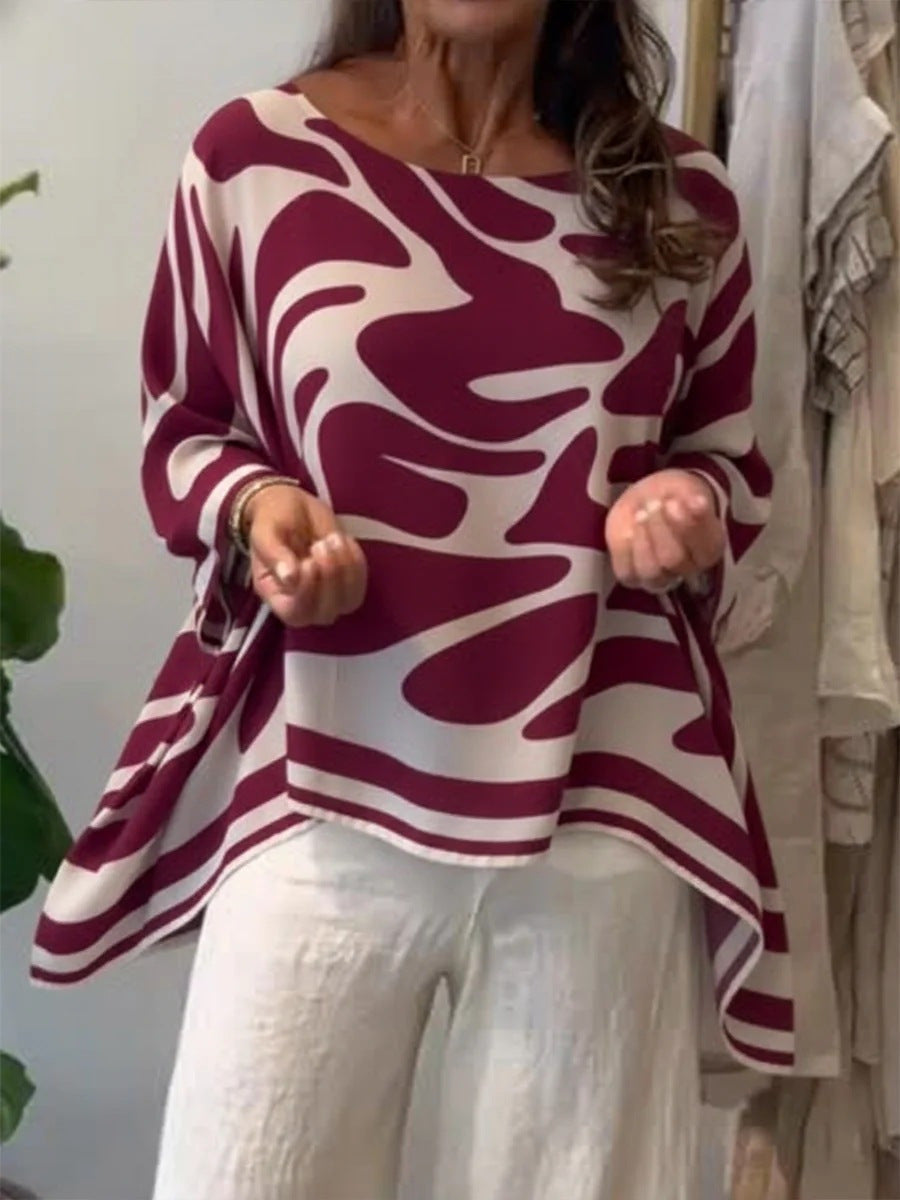 High-Low Irregularity Contrast Color Printed Round-Neck Blouses&Shirts Tops