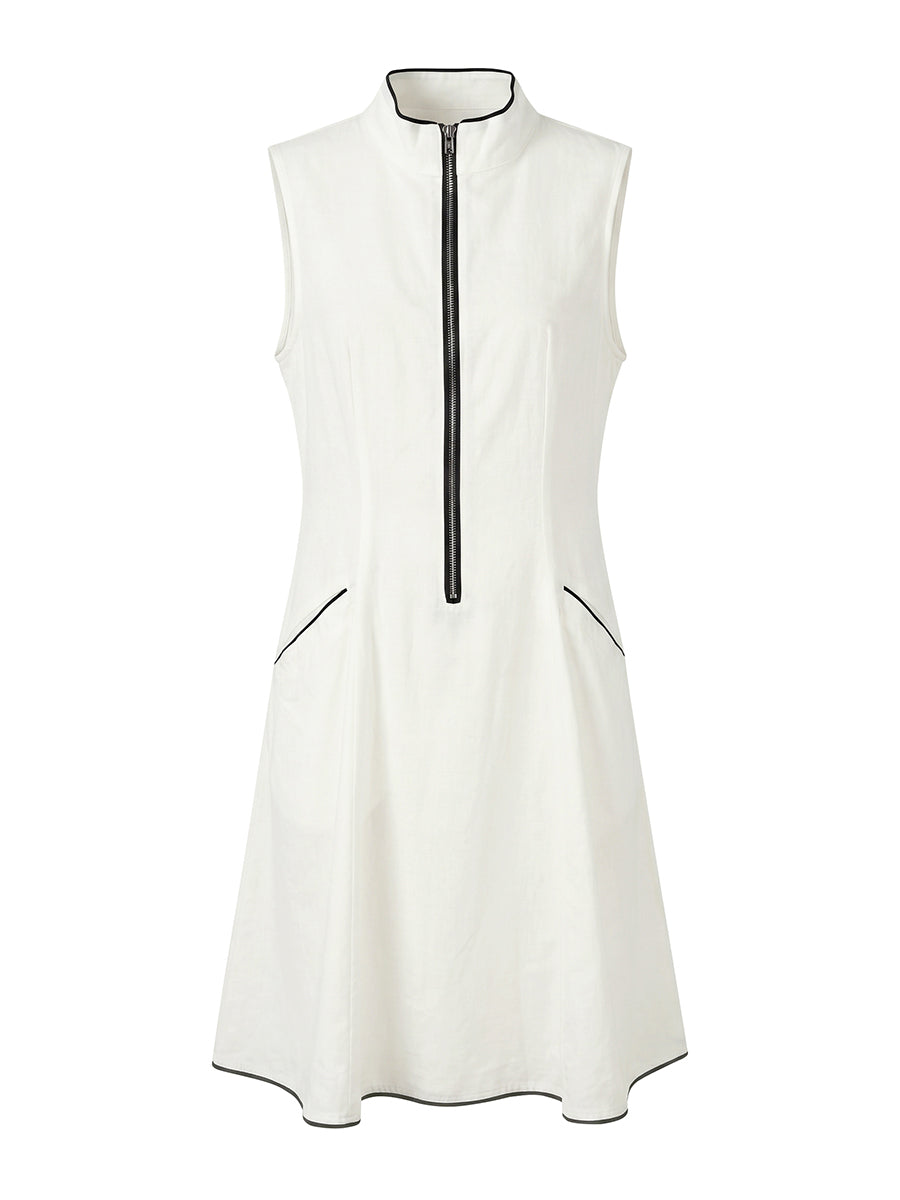 A-Line High Waisted Pockets Solid Color Zipper Stand Collar Midi Dresses