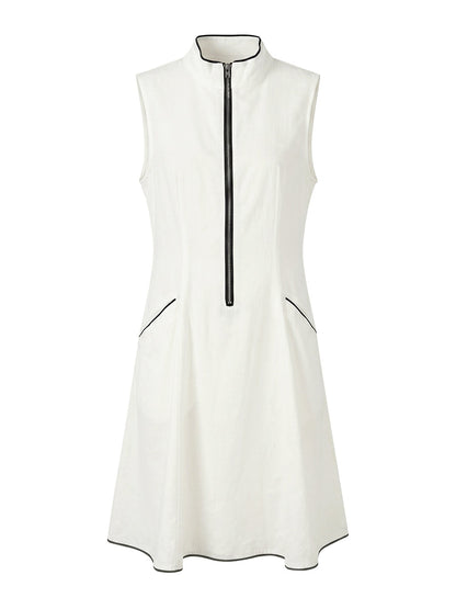 A-Line High Waisted Pockets Solid Color Zipper Stand Collar Midi Dresses