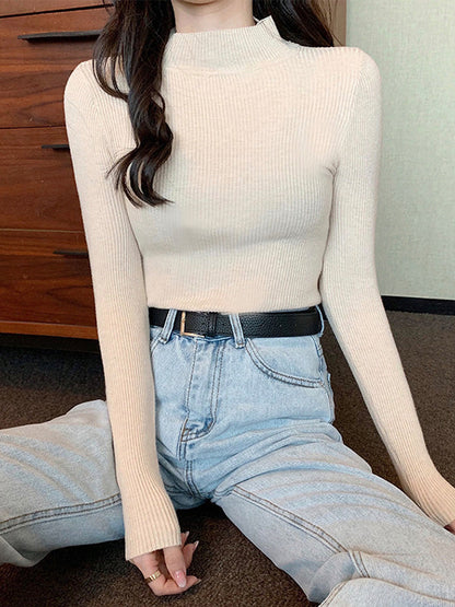 Casual Skinny Long Sleeves Solid Color High-Neck Sweater Tops