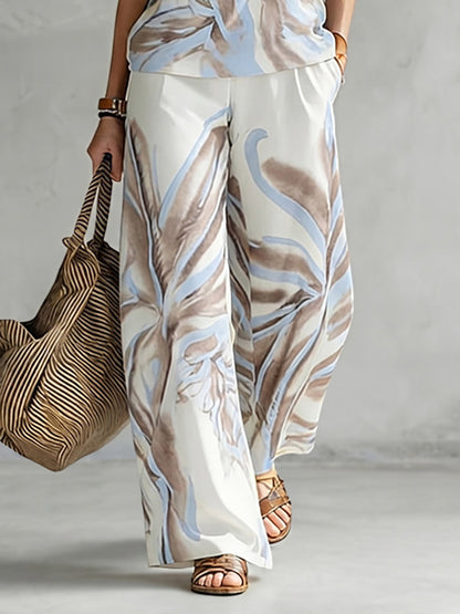 High Waisted Wide Leg Contrast Color Pockets Printed Casual Pants Bottoms Trousers
