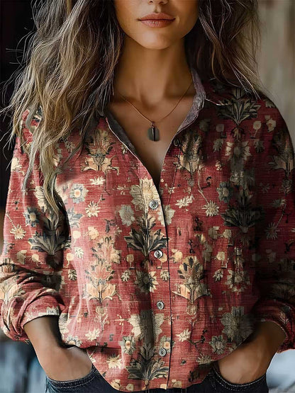 Long Sleeves Loose Buttoned Contrast Color Printed Split-Joint Lapel Blouses&Shirts Tops
