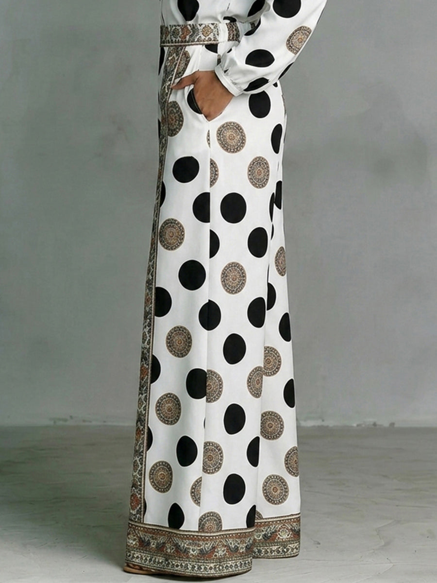 High Waisted Wide Leg Contrast Color Elasticity Pockets Polka Dot Printed Pants Trousers