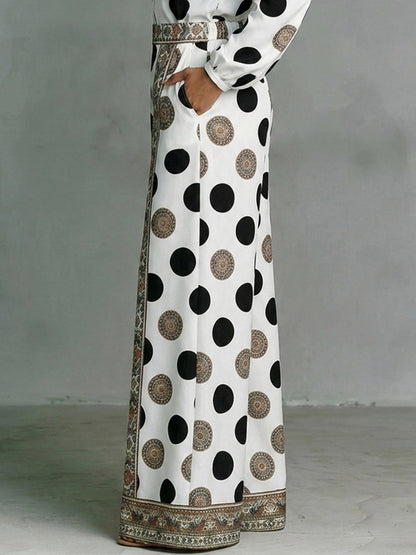High Waisted Wide Leg Contrast Color Elasticity Pockets Polka Dot Printed Pants Trousers