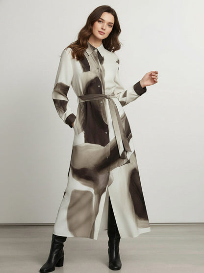 Long Sleeves Loose Asymmetric Belted Buttoned Print Wash Painting Maxi Dresses Shirt Dress