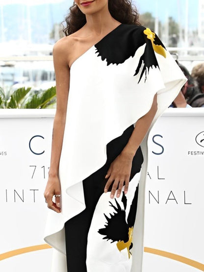 Loose Sleeveless Asymmetric Flower Print One-Shoulder Blouses&Shirts Tops