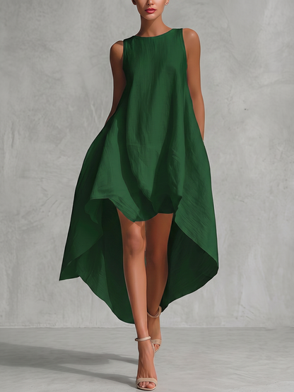 A-Line High-Low Solid Color Zipper Round-Neck Maxi Dresses