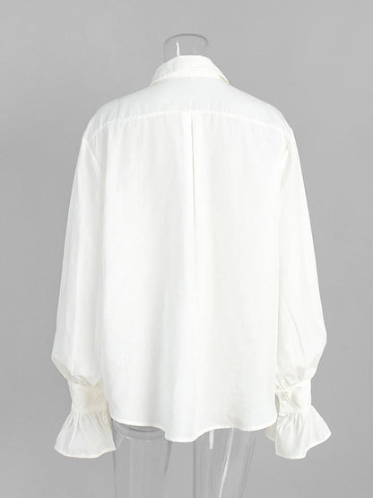 Loose Puff Sleeves Pleated Solid Color Split-Joint Lapel Blouses&Shirts Tops