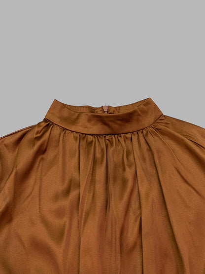 Long Sleeves Loose Pleated Shiny Solid Color Split-Joint Tied Waist High Neck Evening Dresses Maxi Dresses