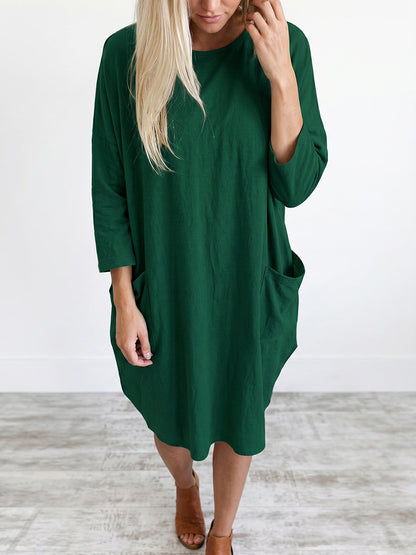Long Sleeves Loose Pockets Solid Color Round-Neck Mini Dresses