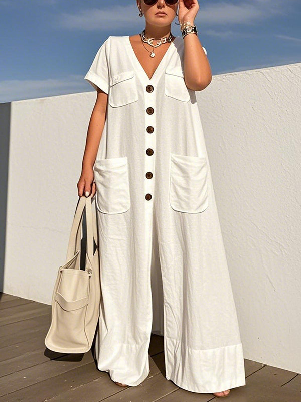 Loose Short Sleeves Buttoned Pockets Solid Color V-Neck Jumpsuits