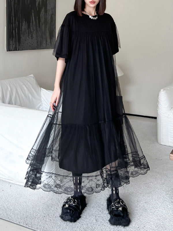 Fake Two-Piece Loose Gauze Pleated Solid Color Split-Joint Tiered Round-Neck Midi Dresses