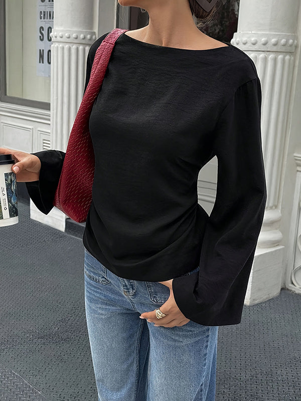 Elasticated Waist Flared Sleeves Solid Color Split-Joint Tied Waist Round-Neck T-Shirts Tops