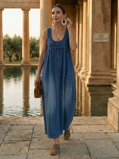 A-Line Loose Pleated Pockets Solid Color U-Neck Maxi Dresses