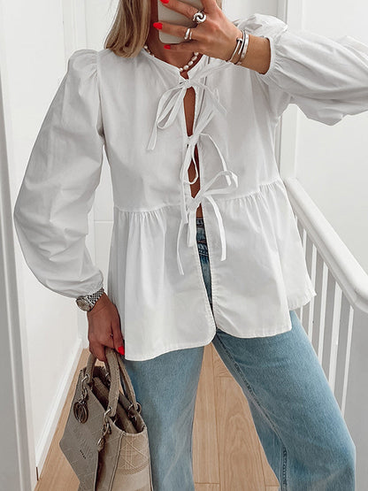 Long Sleeves Loose Elasticity Solid Color Split-Joint Tied Round-Neck Blouses&Shirts Tops