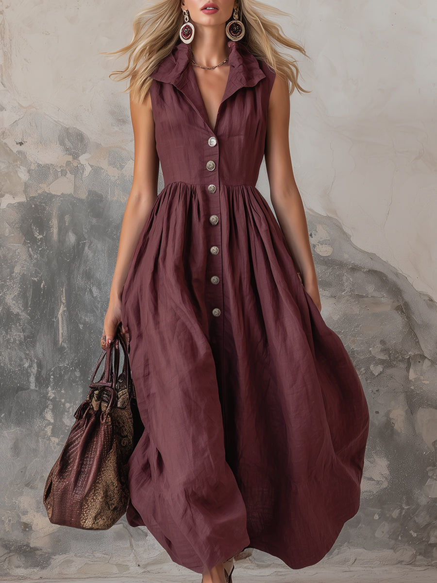 High Waisted Loose Buttoned Pleated Solid Color Lapel Maxi Dresses