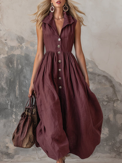 High Waisted Loose Buttoned Pleated Solid Color Lapel Maxi Dresses