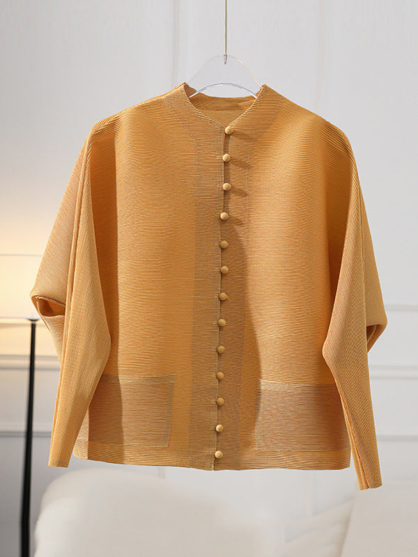 Manteau ample à manches longues, poches plissées boutonnées, couleur unie, col rond 