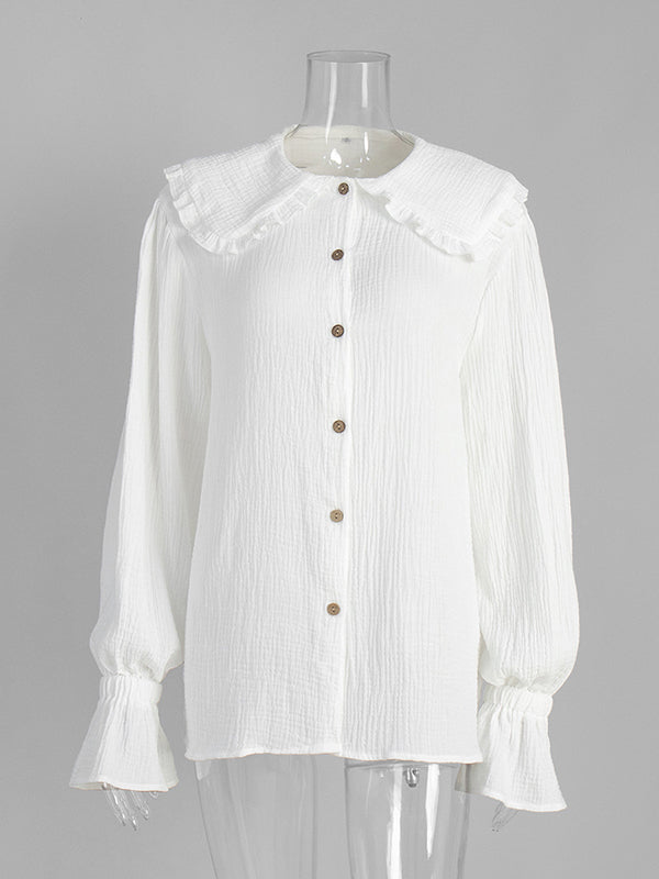 Long Sleeves Ruffled See-Through Split-Joint Peter Pan Collar Blouses&Shirts Tops