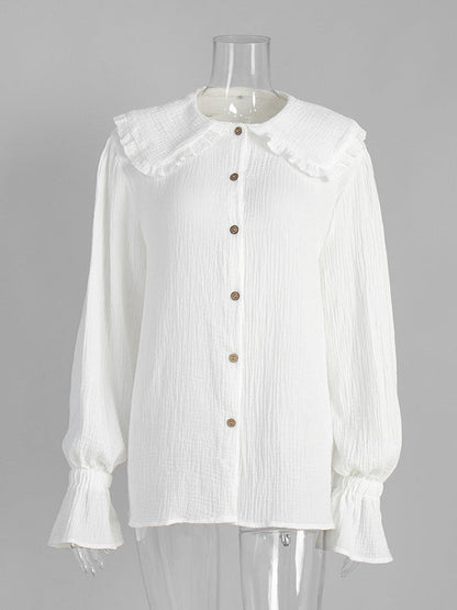 Long Sleeves Ruffled See-Through Split-Joint Peter Pan Collar Blouses&Shirts Tops
