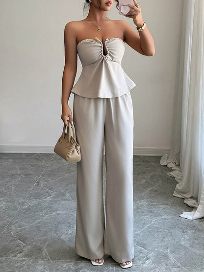 Solid Color Pleated Buttoned Ruffled Tube Blouses&Shirts Tops + High Waisted Zipper Column Pants Trousers Two Pieces Set