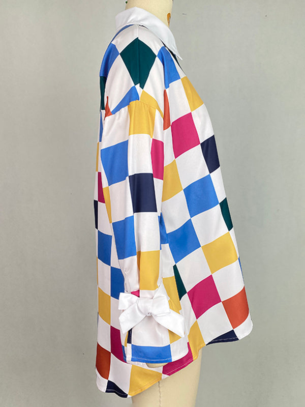 Long Sleeves Loose Buttoned Contrast Color Plaid Tied Stand Collar Blouses&Shirts Tops