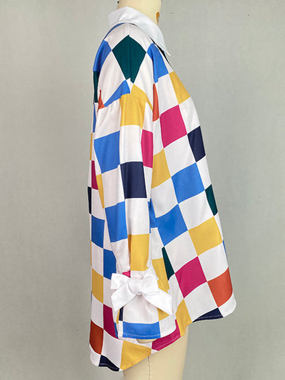 Long Sleeves Loose Buttoned Contrast Color Plaid Tied Stand Collar Blouses&Shirts Tops