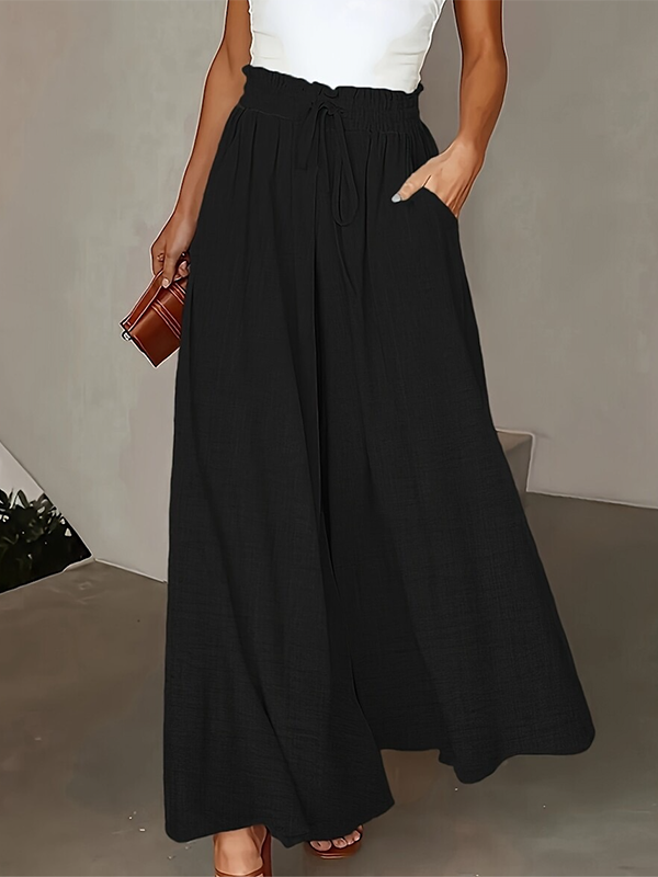 Loose Wide Leg Drawstring Solid Color Casual Pants Bottoms Trousers APRICOT