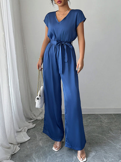 High Waisted Loose Backless Pleated Pockets Solid Color Tied Waist V-Neck Jumpsuits
