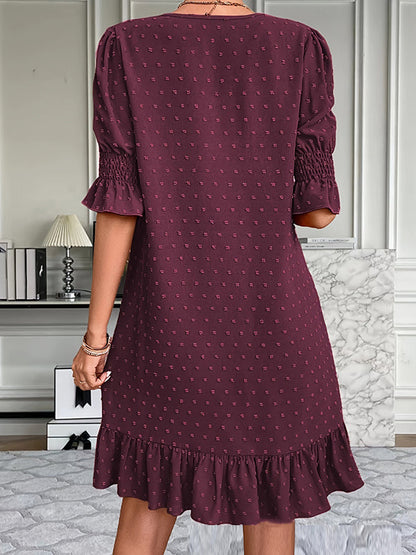 A-Line Flared Sleeves Elasticity Jacquard Pleated Solid Color Split-Joint V-Neck Mini Dresses