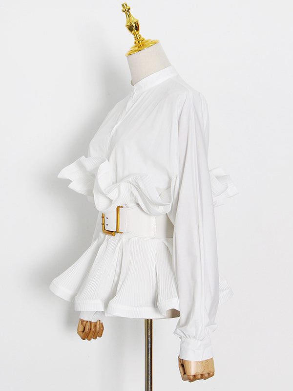 Stylish Loose Long Sleeves Buttoned Falbala Belted Solid Color Stand Collar Blouses&Shirts Tops