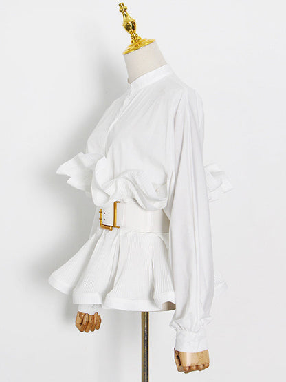 Stylish Loose Long Sleeves Buttoned Falbala Belted Solid Color Stand Collar Blouses&Shirts Tops