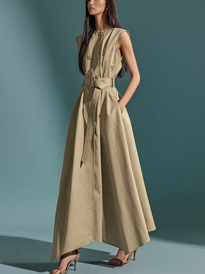 A-Line High Waisted Belted Buttoned Pockets Solid Color Round-Neck Maxi Dresses