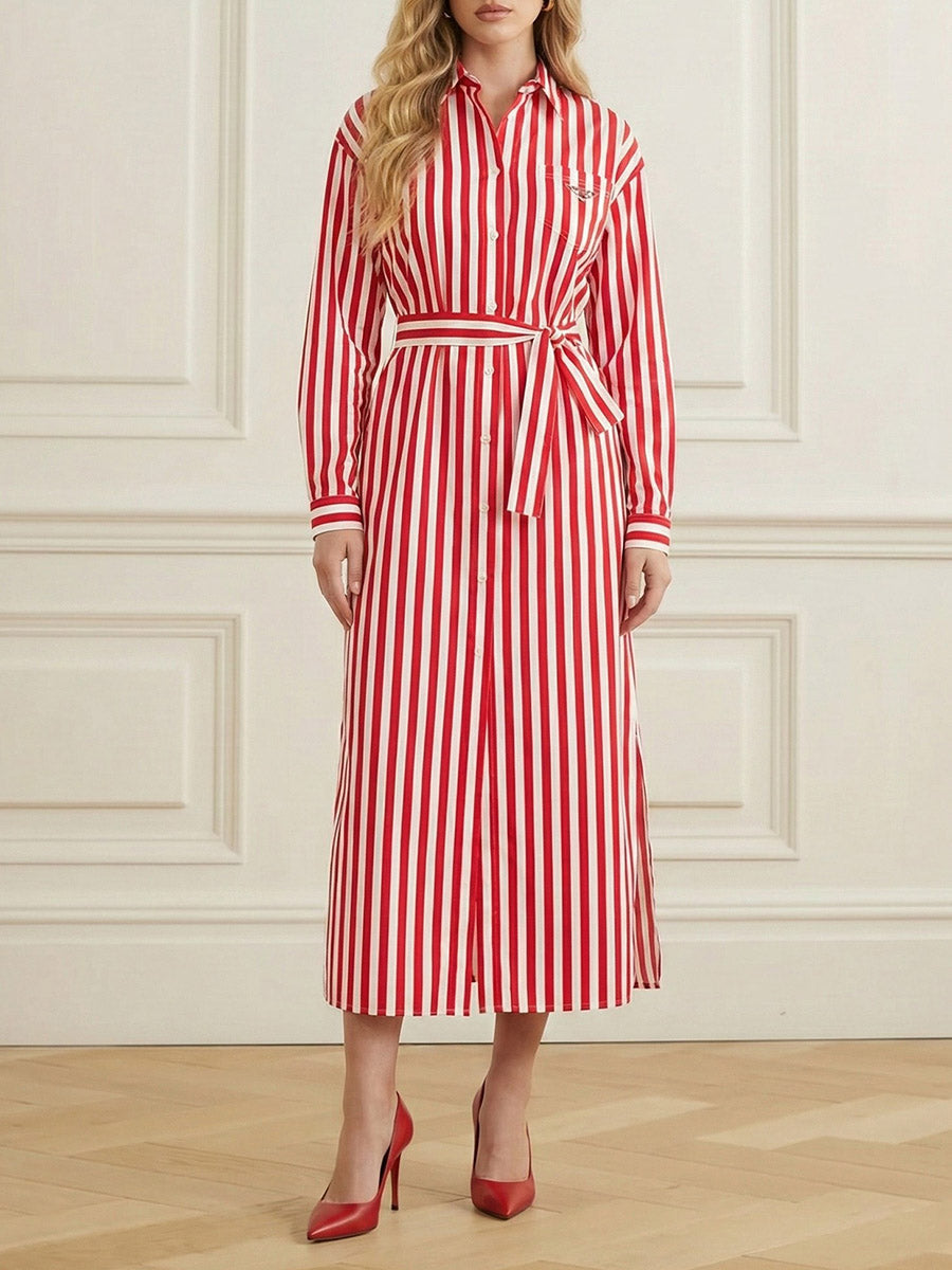 Elasticated Waist High Waisted Buttoned Contrast Color Split-Joint Split-Side Striped Tied Lapel Midi Dresses Shirt Dress
