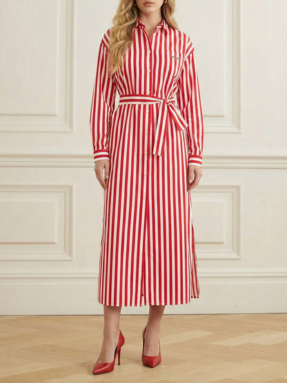 Elasticated Waist High Waisted Buttoned Contrast Color Split-Joint Split-Side Striped Tied Lapel Midi Dresses Shirt Dress
