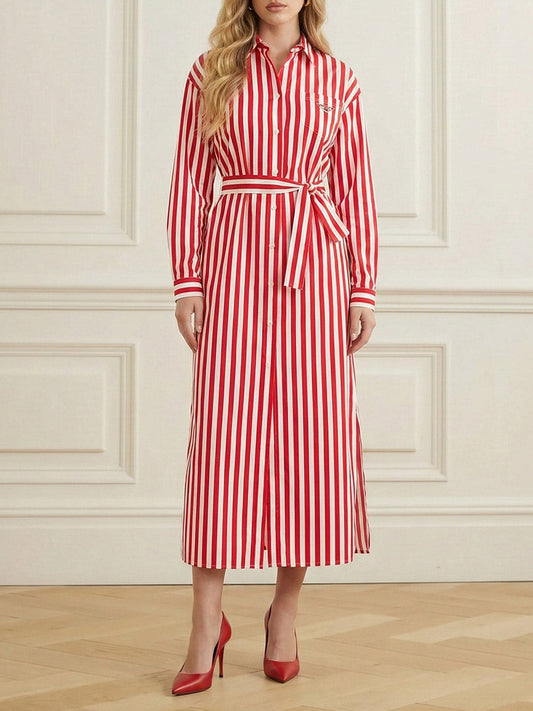 Elasticated Waist High Waisted Buttoned Contrast Color Split-Joint Split-Side Striped Tied Lapel Midi Dresses Shirt Dress