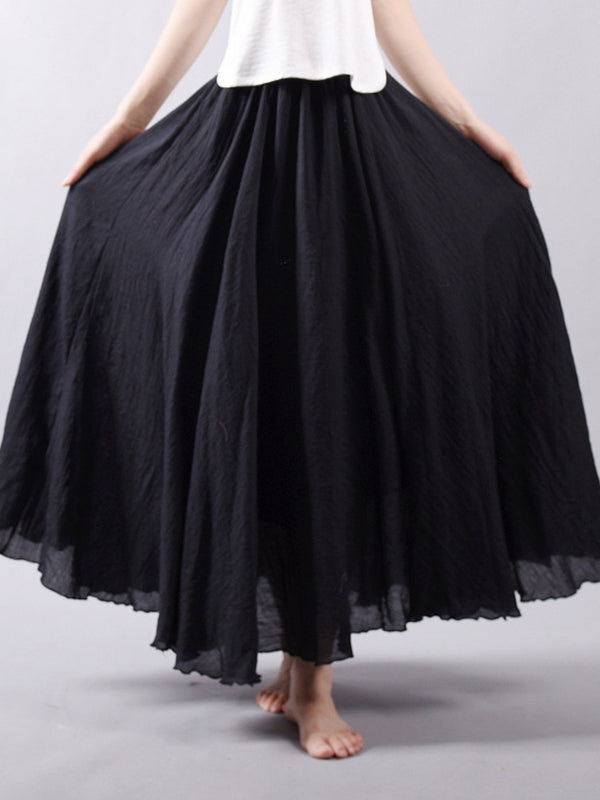 Casual A-Line Elastic Waist Solid Color Skirts BLACK