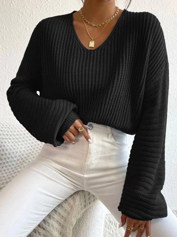 Long Sleeves Loose Solid Color Split-Joint V-Neck Pullovers Sweater Tops