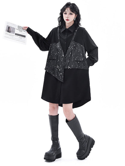 False Two Hipster Asymmetric Split-Joint Textured Lapel Collar Mini Dresses